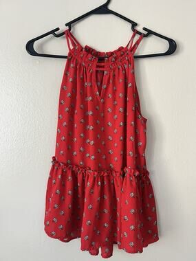 LOFT Petites Red Floral Halter Peplum Blouse Top MP Petite Medium